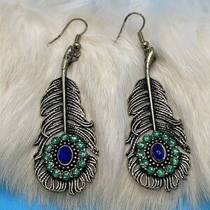 Burnished Gold with Blue Crystals Peacock Feather Earrings